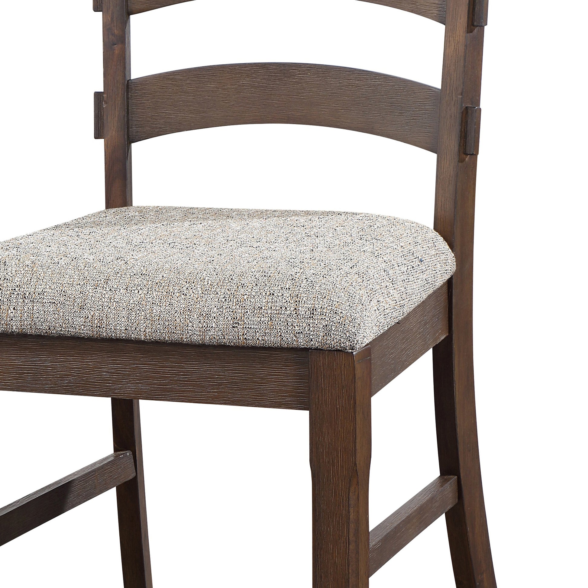 Dark wood counter stool with woven neutral fabric seat