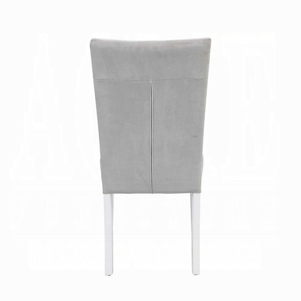 Modern grey upholstered dining chair with white wooden legs