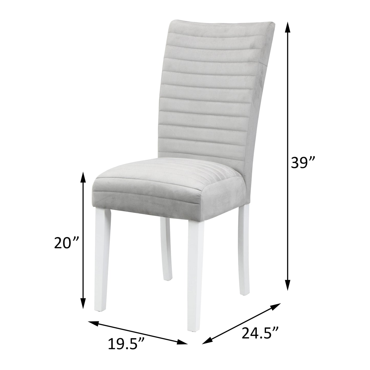 Modern gray upholstered dining chair with horizontal tufting and white wooden legs
