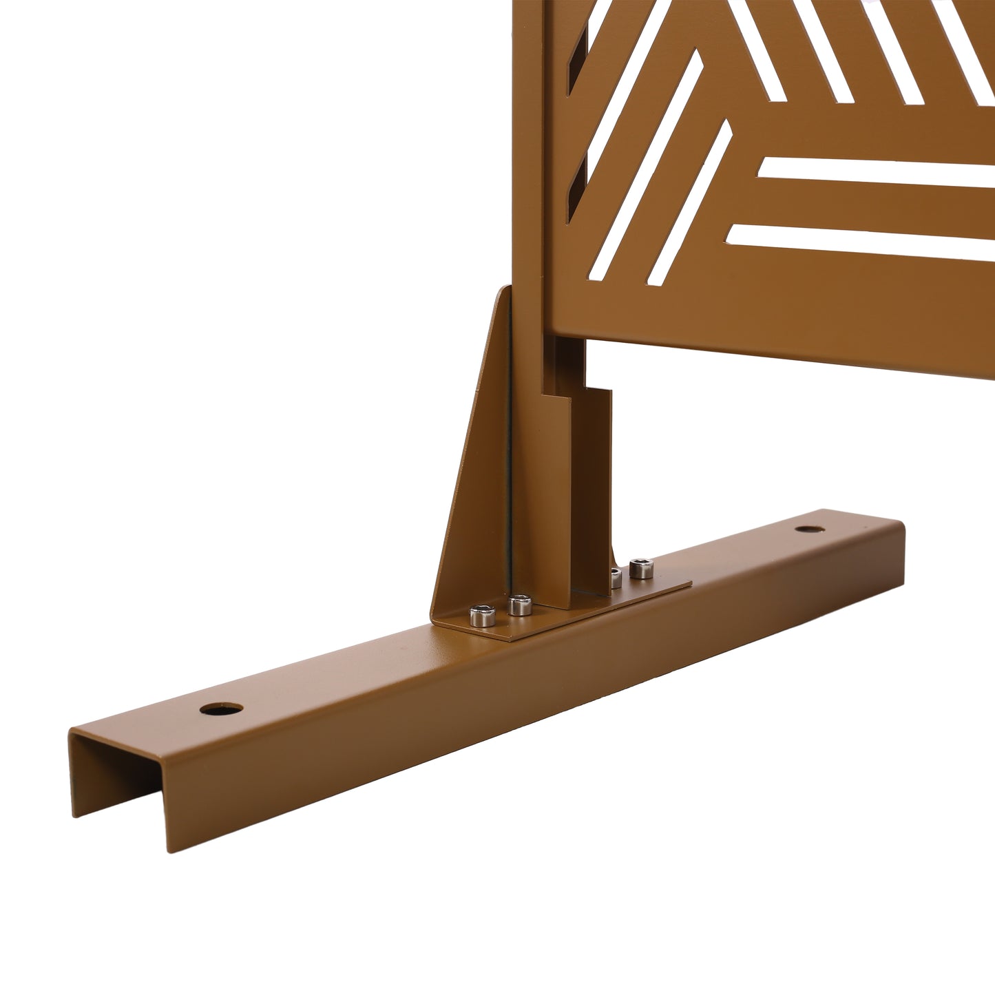 Bronze metal privacy screen base with geometric cutouts and mounting hardware