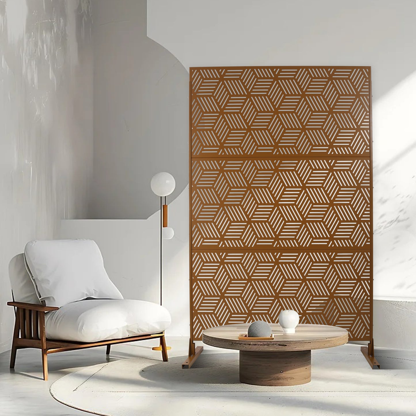 Brown metal room divider with geometric hexagonal pattern Ideal for creating distinct living areas