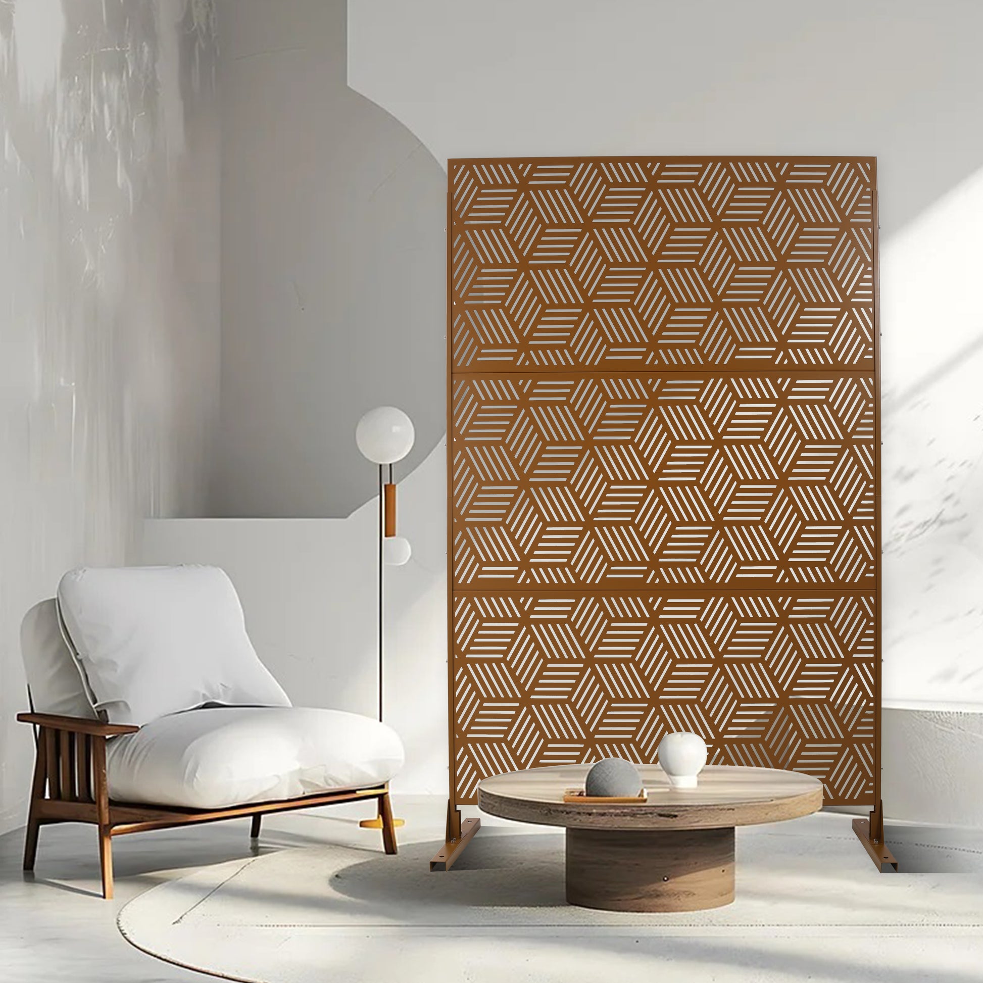 Brown metal room divider with geometric hexagonal pattern Ideal for creating distinct living areas