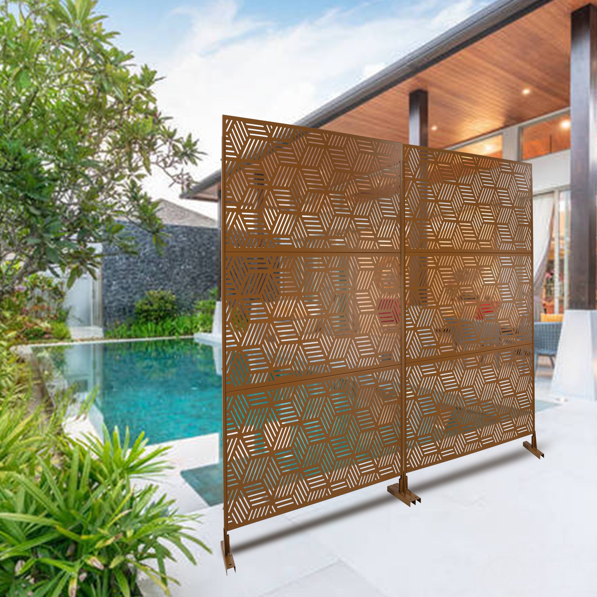 Bronze metal garden screen with geometric hexagonal cutouts ideal for patio privacy
