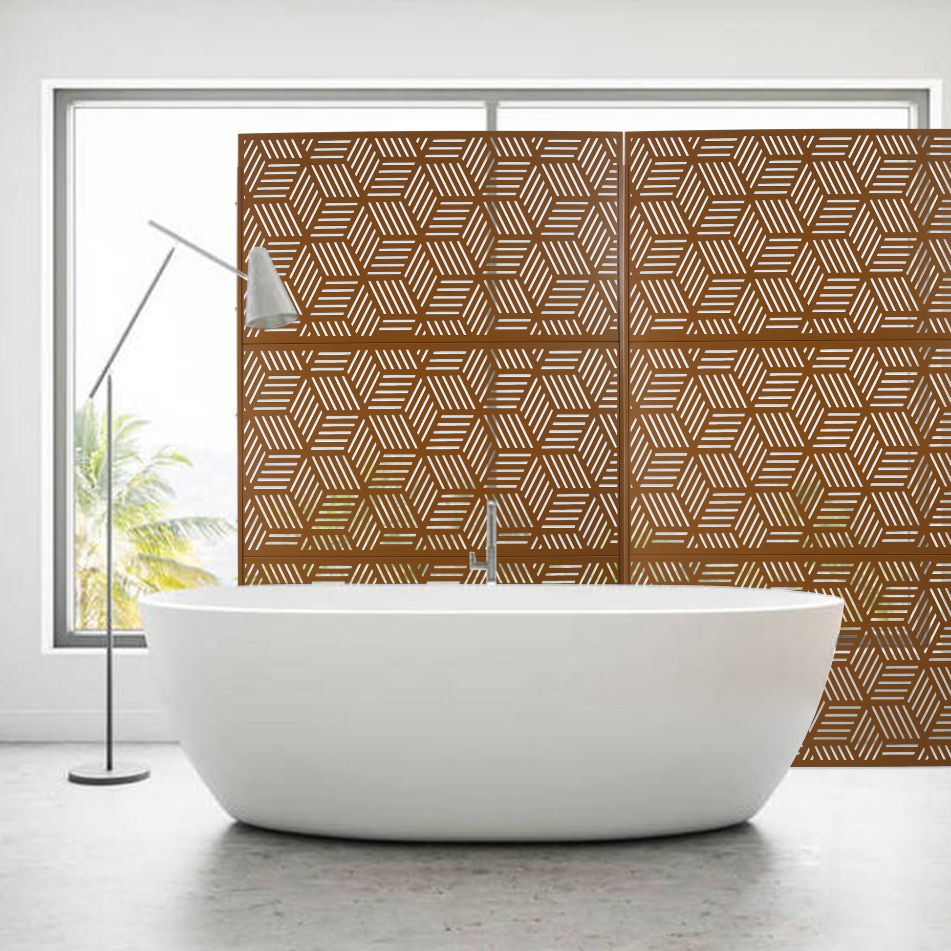 Bronze geometric laser cut privacy screen for modern bathrooms