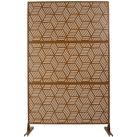 Brown metal outdoor privacy screen with geometric cube pattern