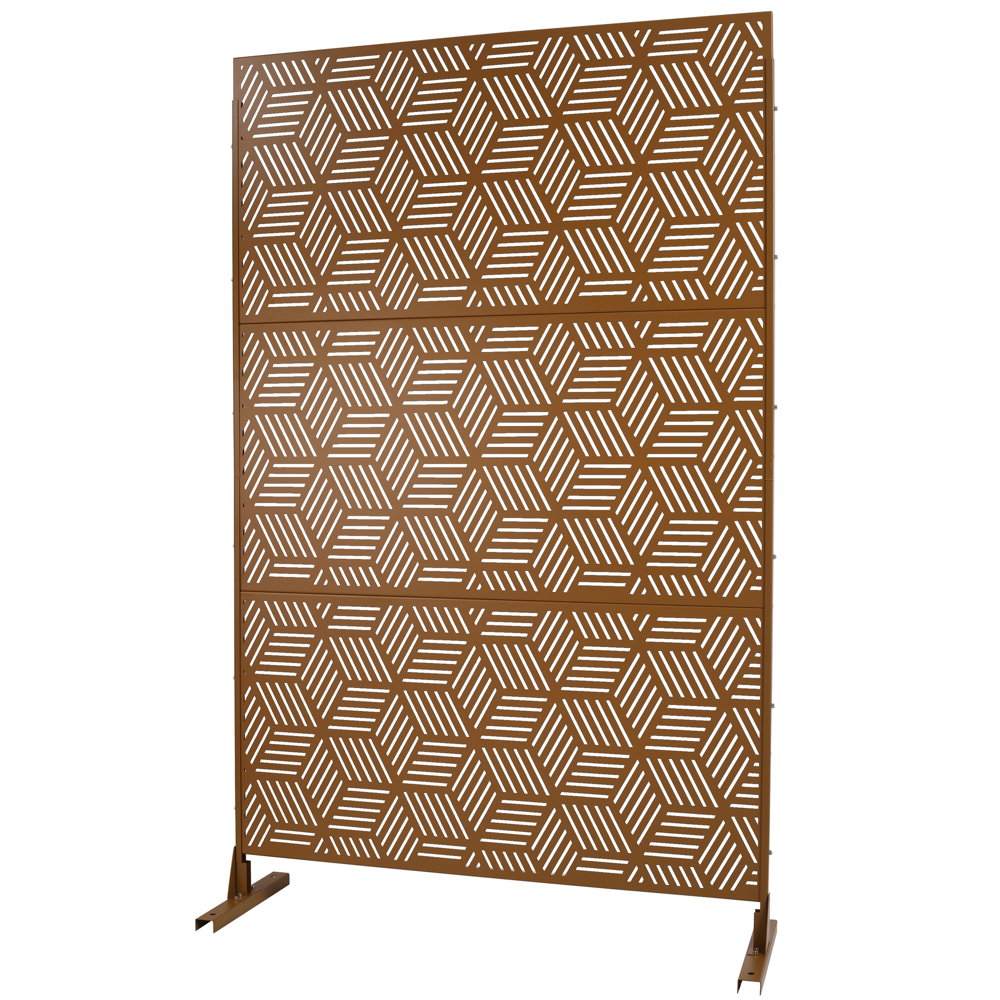Bronze geometric patterned outdoor privacy screen with metal base
