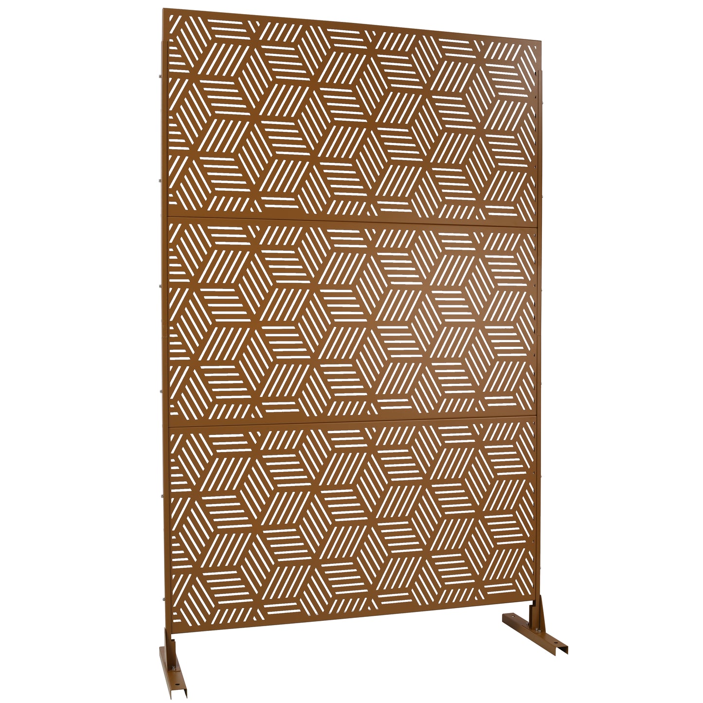 Bronze metal garden screen with hexagonal geometric pattern and base