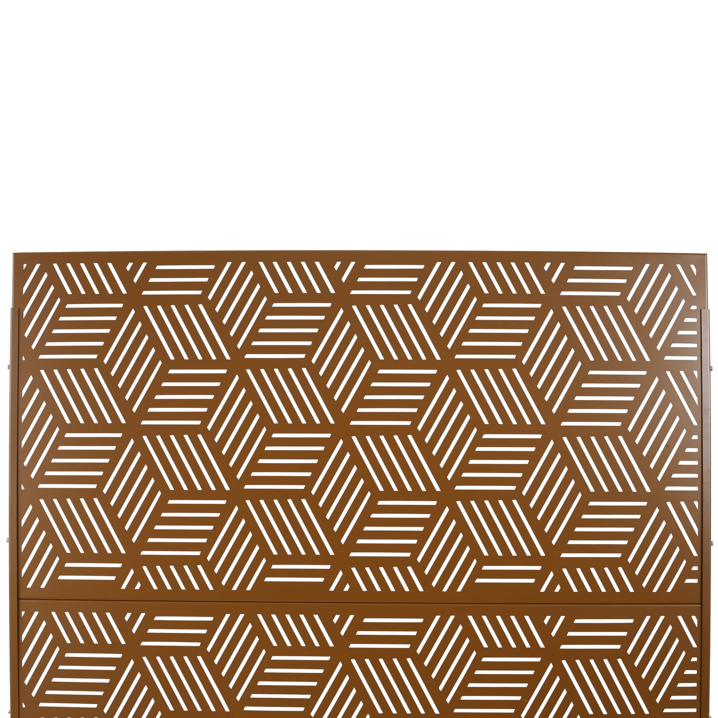 Brown metal garden screen with geometric hexagon cutout pattern