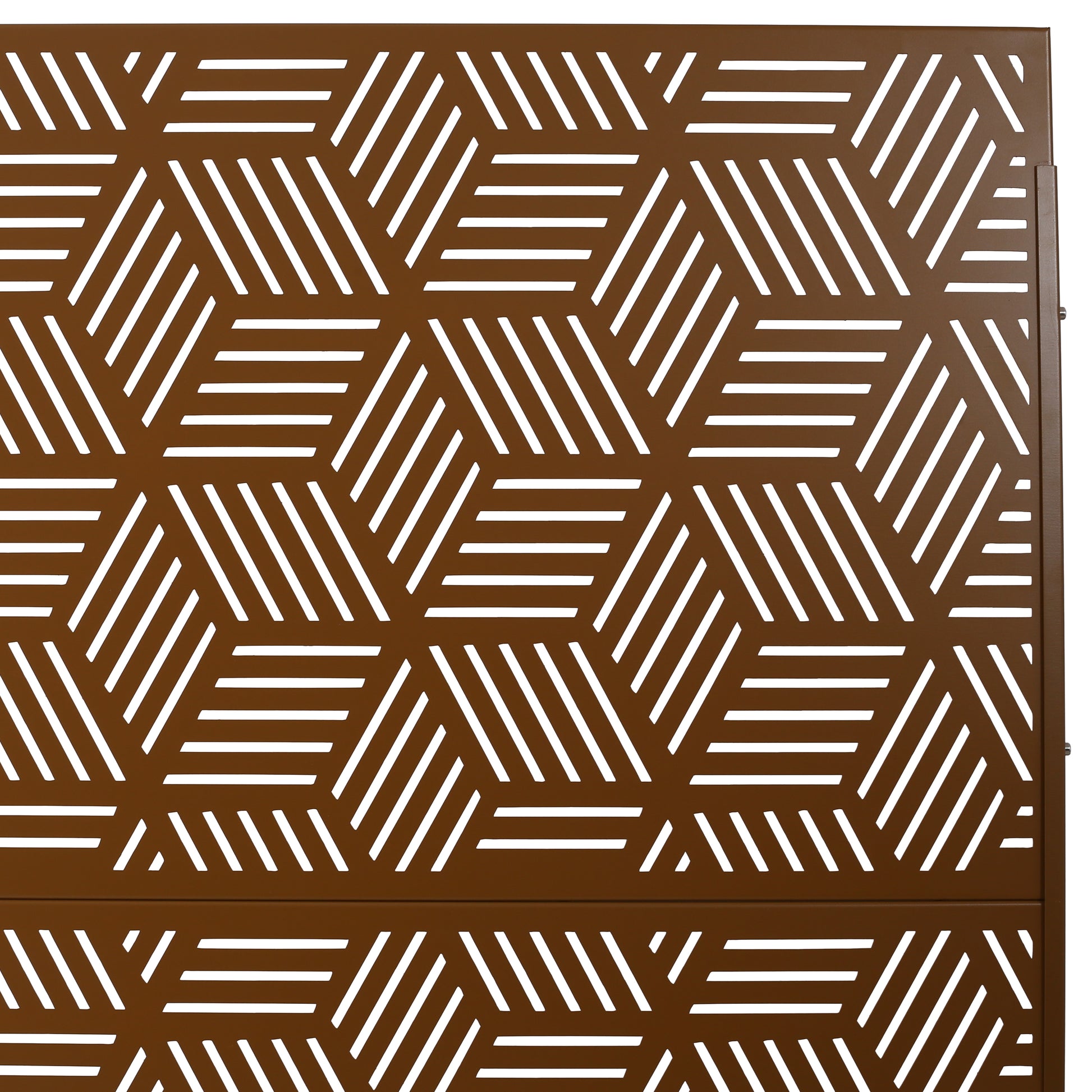 Brown metal garden screen with geometric white cutouts offering decorative privacy for patios