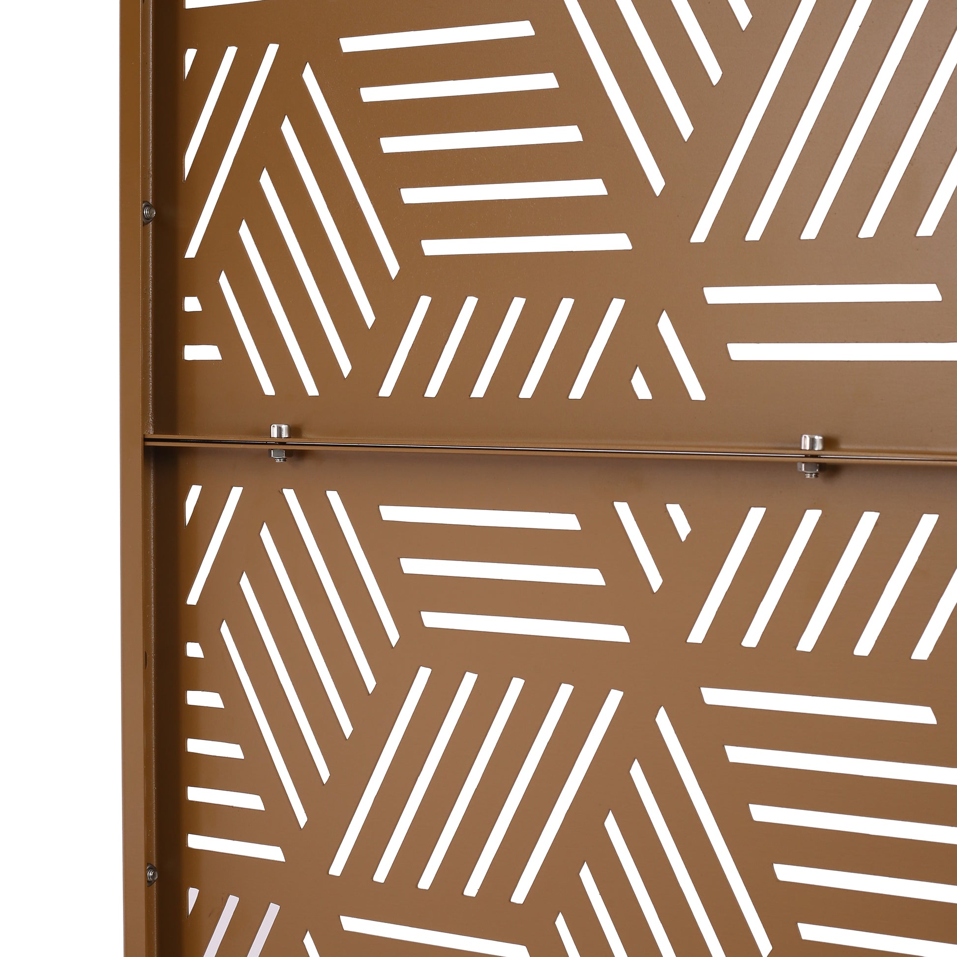 Bronze metal garden screen panel with abstract geometric cutouts for privacy
