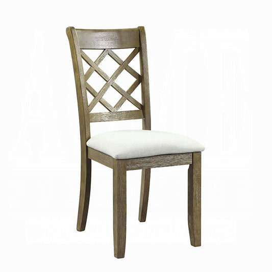 Rustic wood dining chair with white upholstered seat and lattice back detail