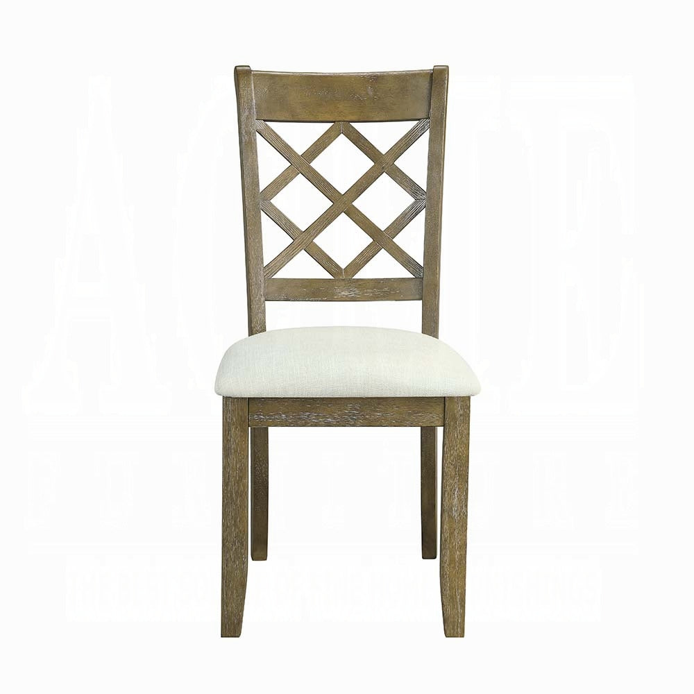 Rustic wooden dining chair with upholstered seat and crisscross back detail