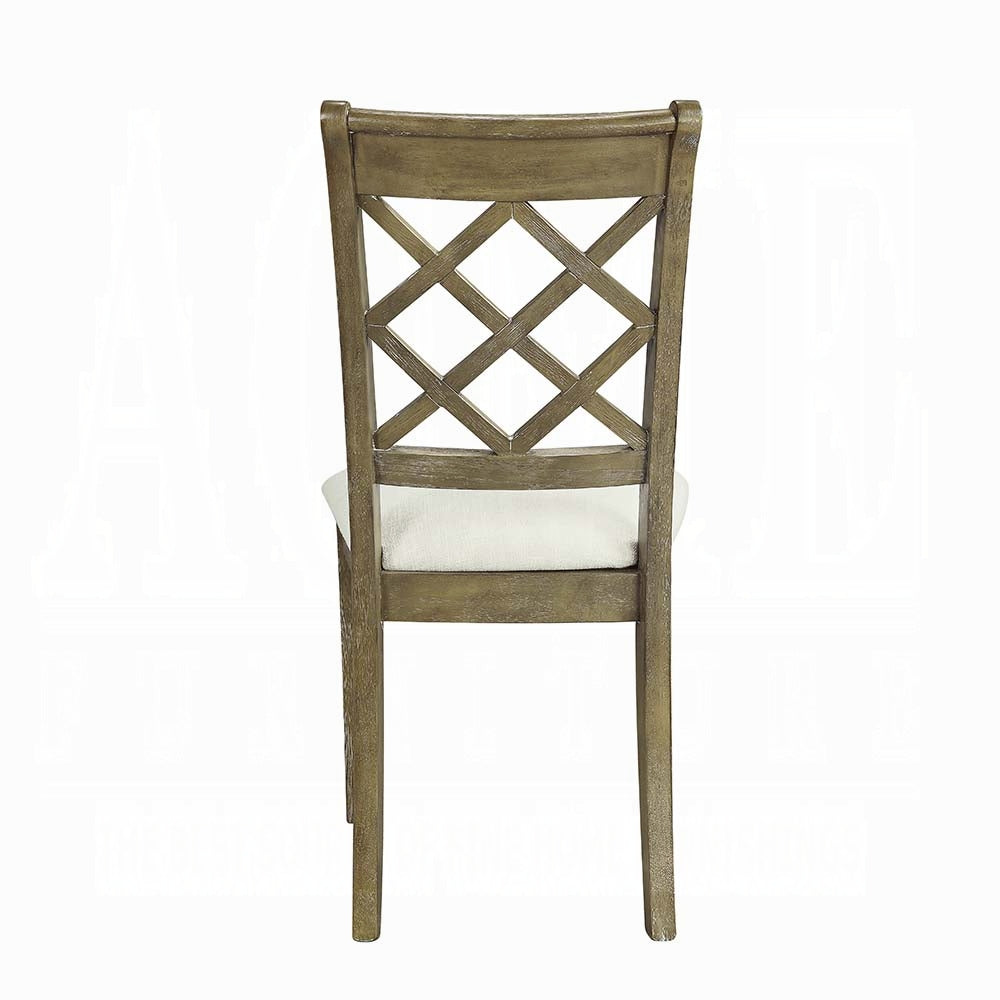 Rustic wooden dining chair with white upholstered seat and lattice backrest