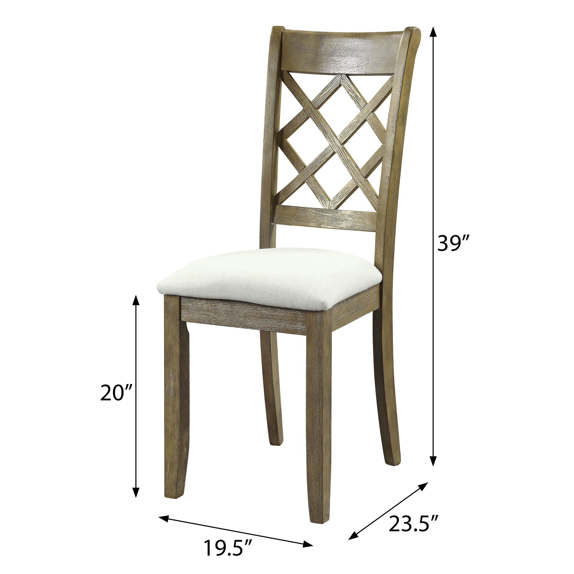 Rustic dining chair with a distressed wood frame and white upholstered seat