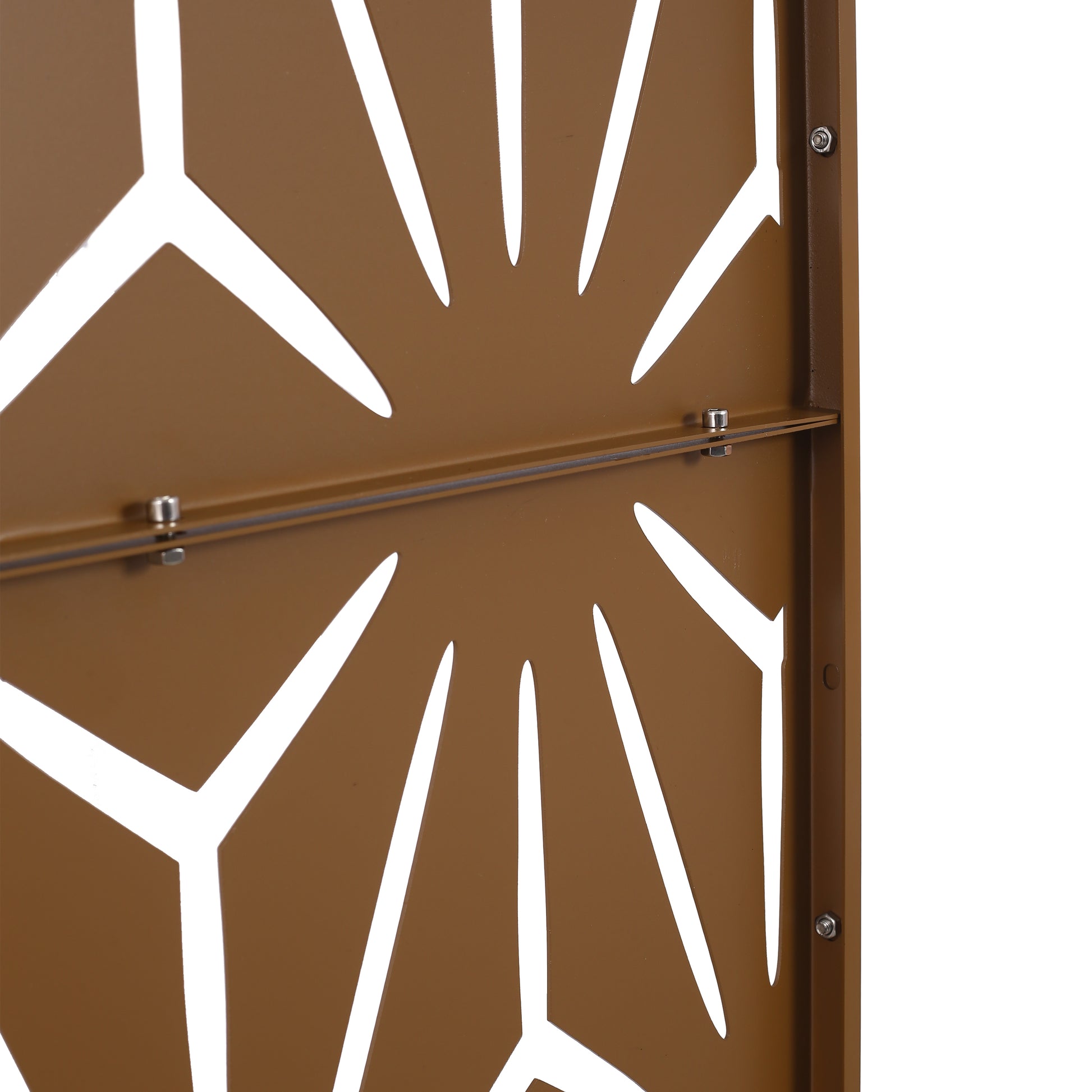 Brown metal privacy screen panel with geometric cutouts suitable for garden fencing