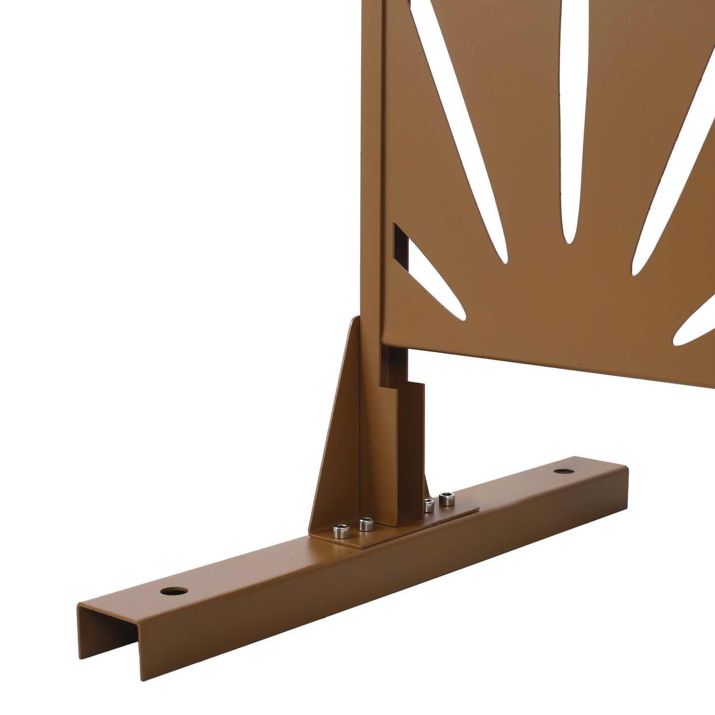 Bronze metal decorative fence panel with sunburst cutouts and sturdy base bracket for garden security