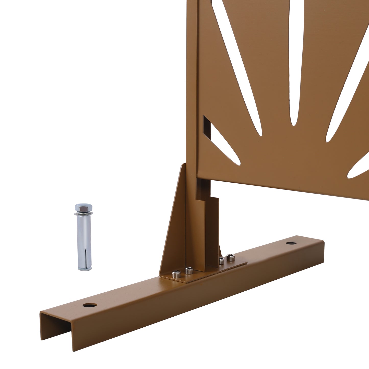 Bronze metal fence panel base with sunburst cutout and anchor bolt