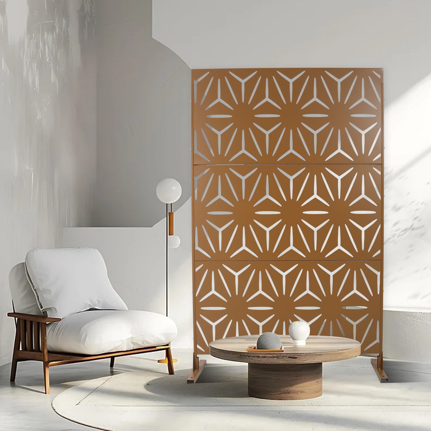 Modern geometric lasercut room divider screen in copper finish adds decorative flair