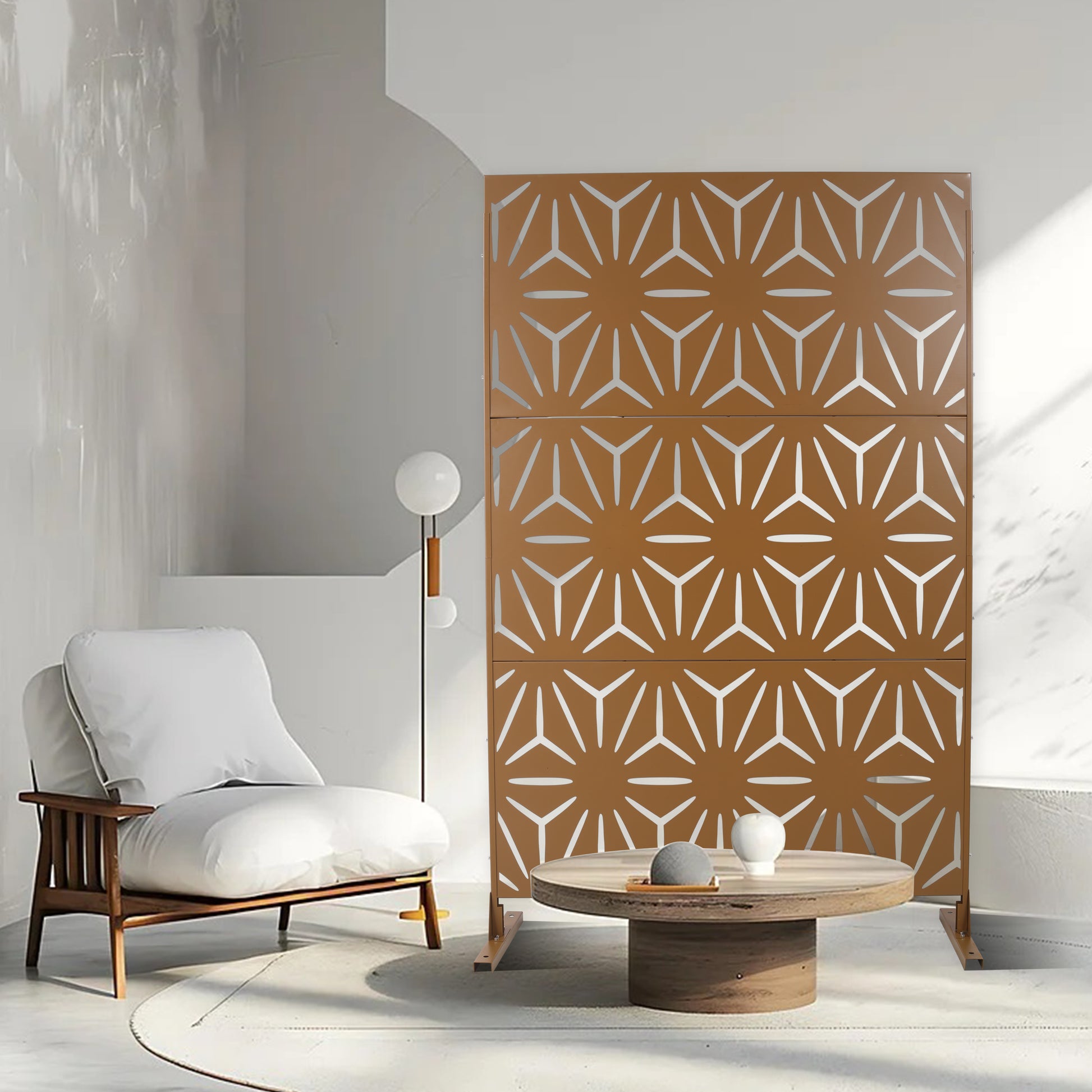 Modern geometric lasercut room divider screen in copper finish adds decorative flair
