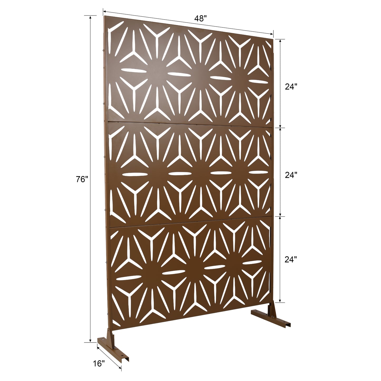 Bronze metal outdoor privacy screen with geometric starburst pattern and sturdy base