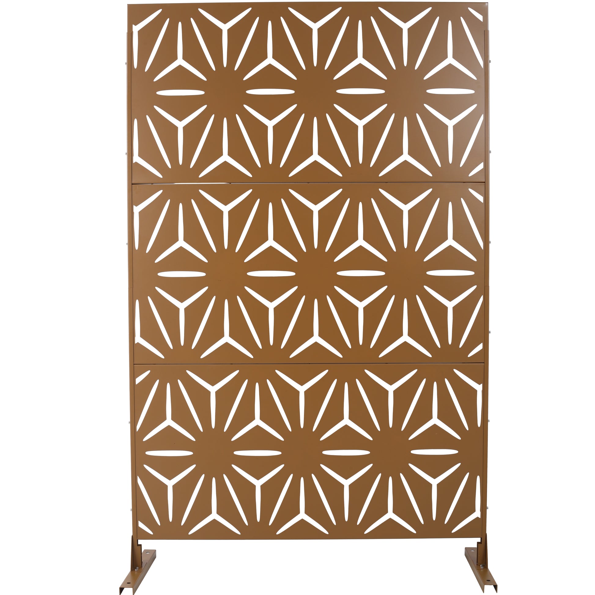 Bronze metal privacy screen with geometric starburst pattern ideal for patios