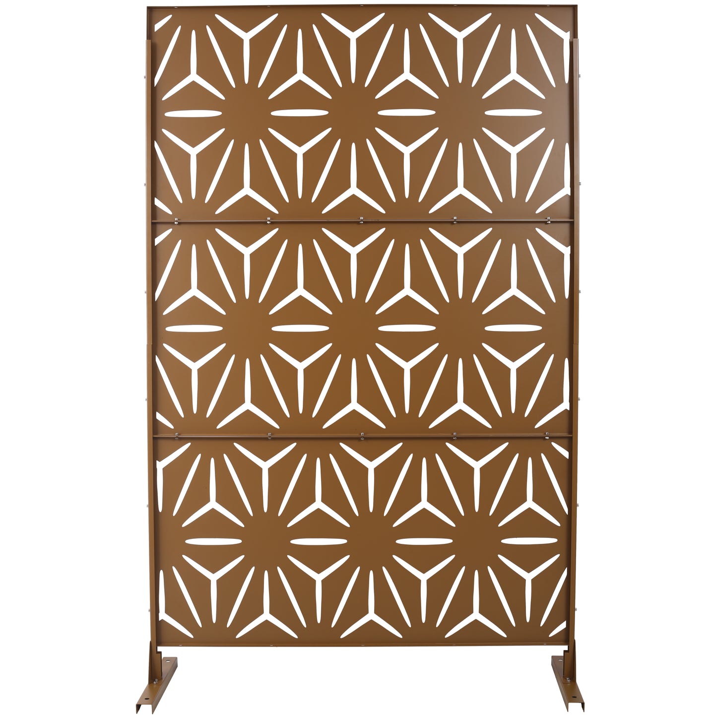 Bronze outdoor privacy screen with geometric sunburst cutouts ideal for garden patios