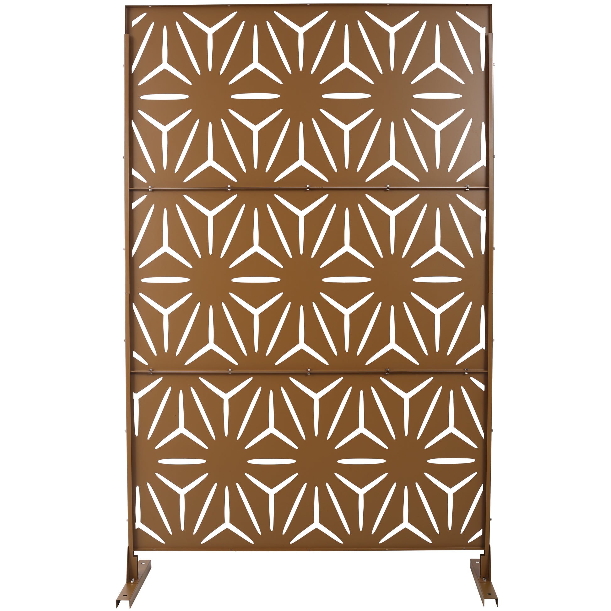 Bronze outdoor privacy screen with geometric sunburst cutouts ideal for garden patios
