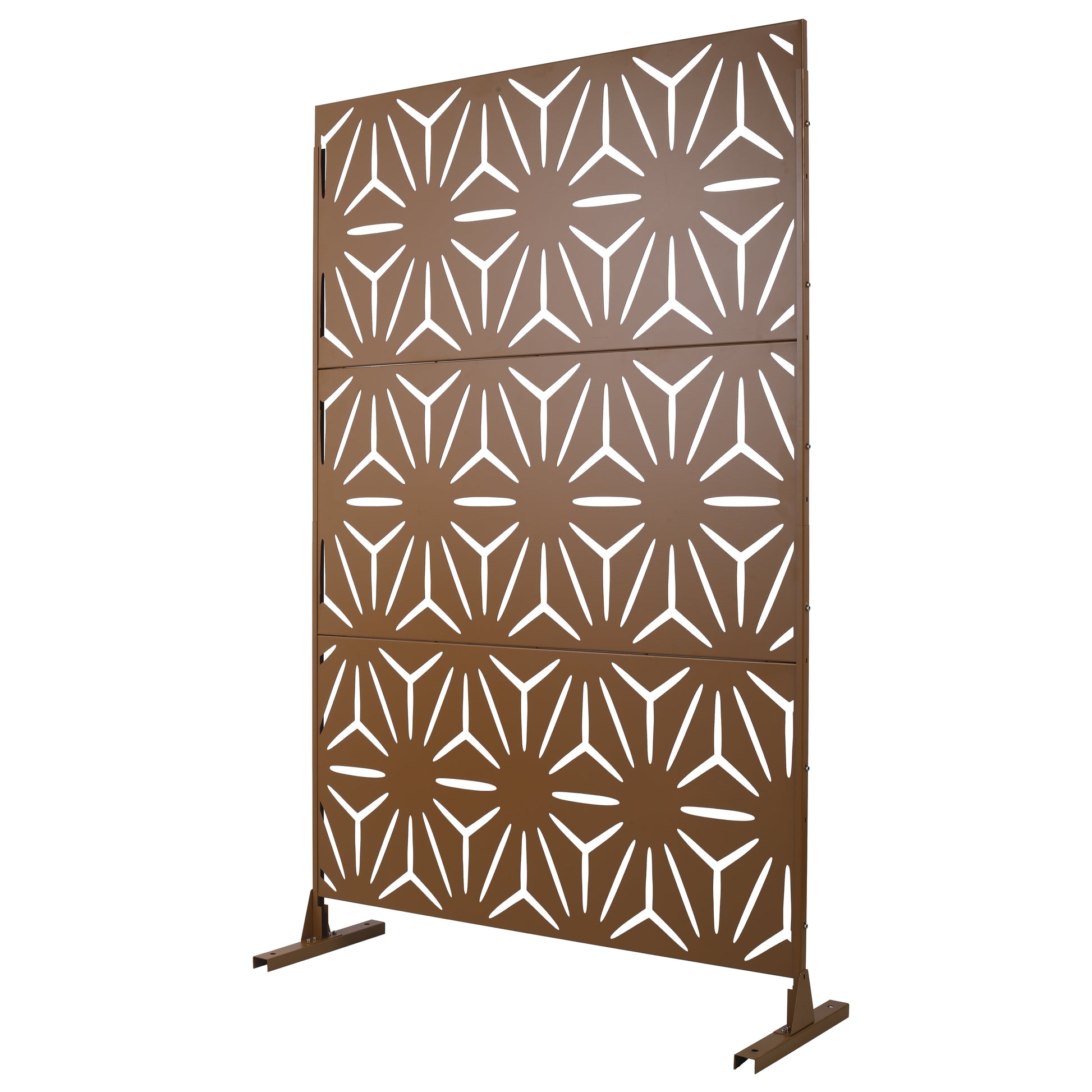 Bronze metal garden screen with geometric starburst cutout pattern