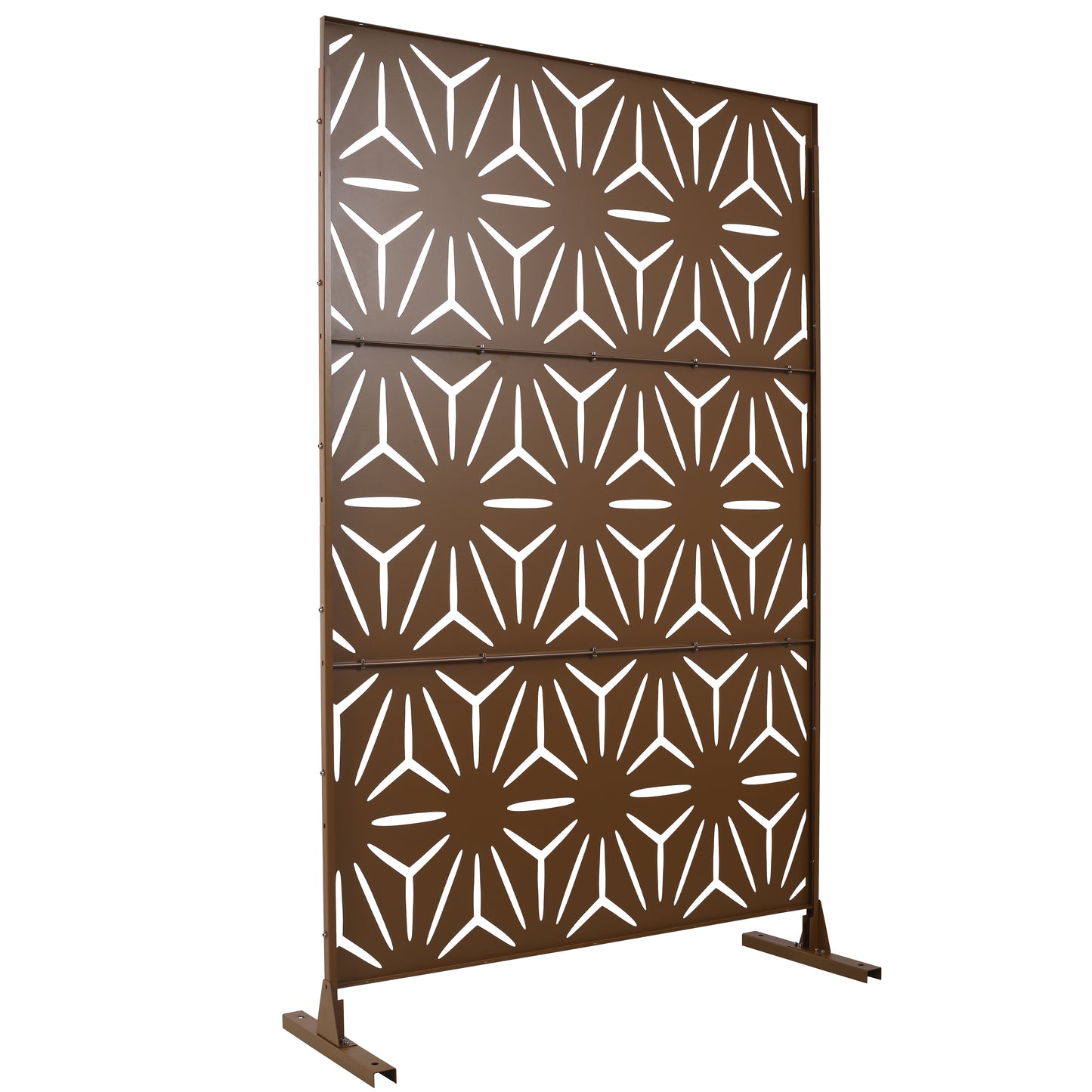 Bronze metal garden screen with geometric sunburst pattern for privacy and decor