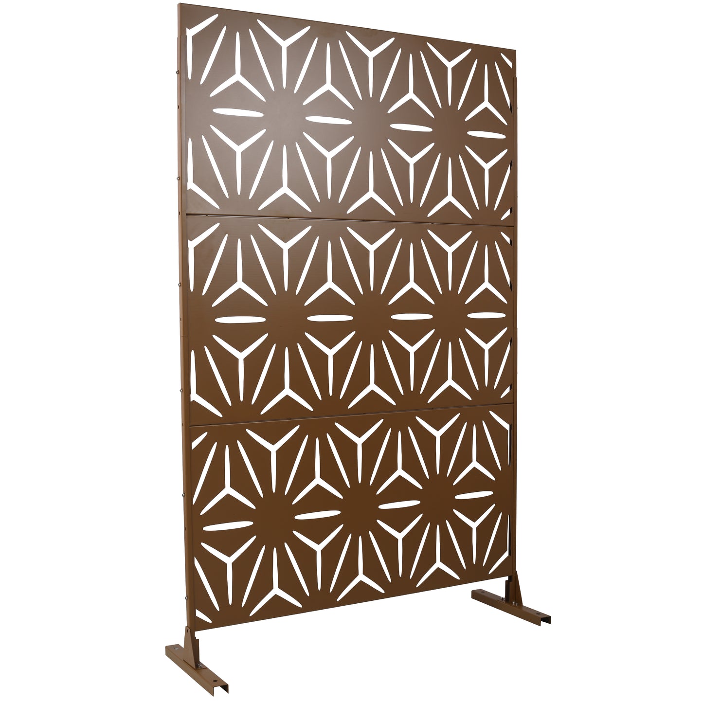 Brown metal garden screen with abstract starburst cutouts and a sleek modern design