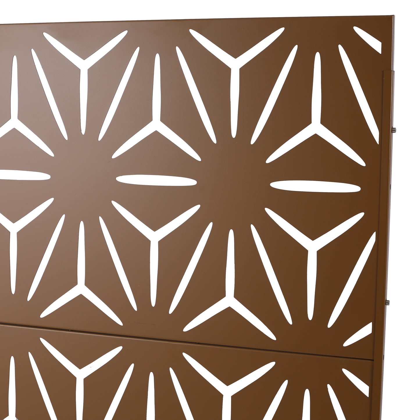Brown metal privacy screen panel with a starburst lasercut design for garden use