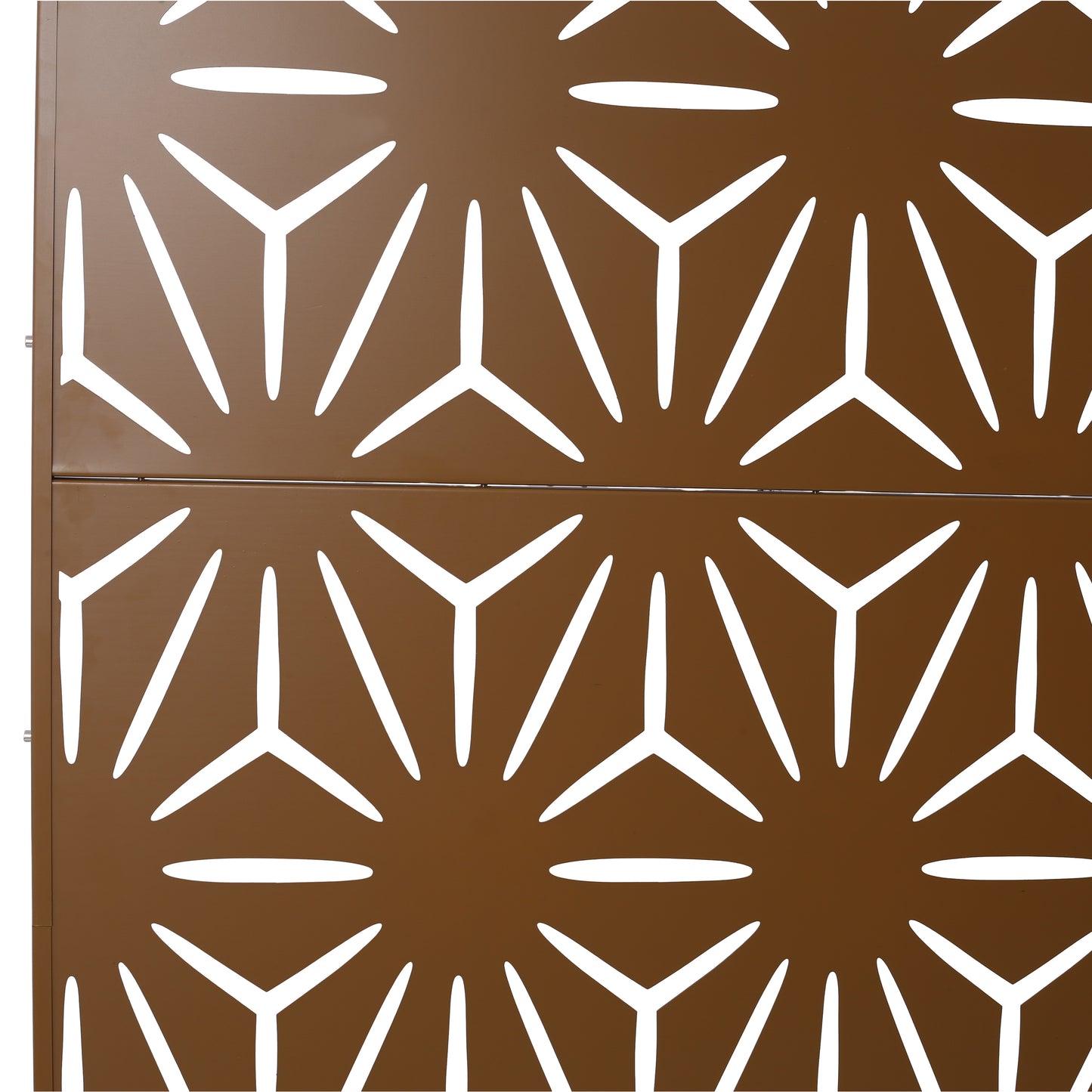 Brown metal decorative screen with geometric cutouts for outdoor privacy