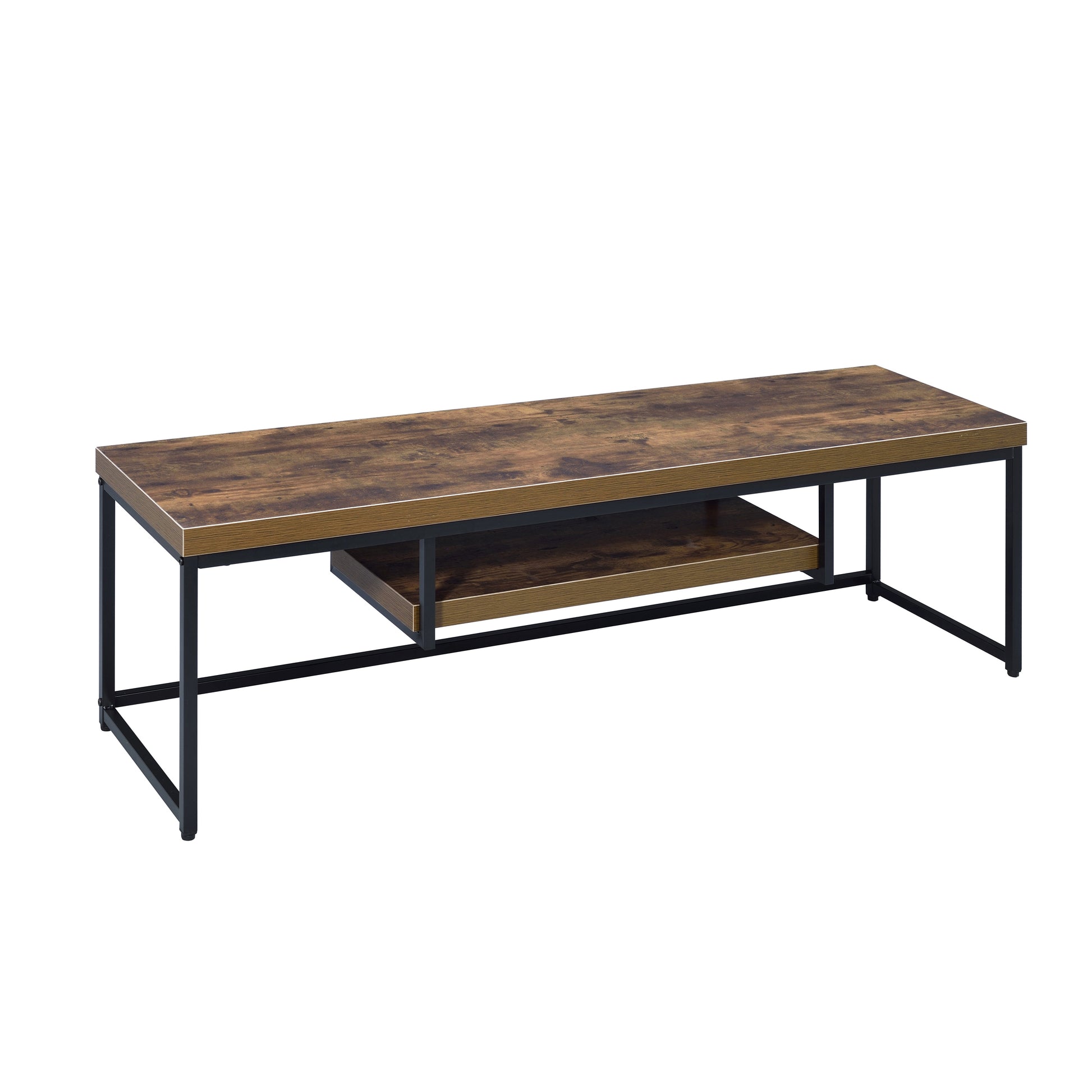 Rustic brown wood TV stand with black metal frame and two tiers