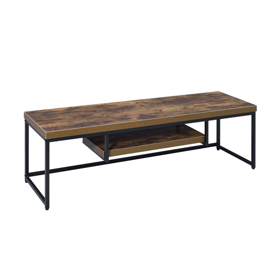 Rustic brown wood TV stand with black metal frame and two tiers