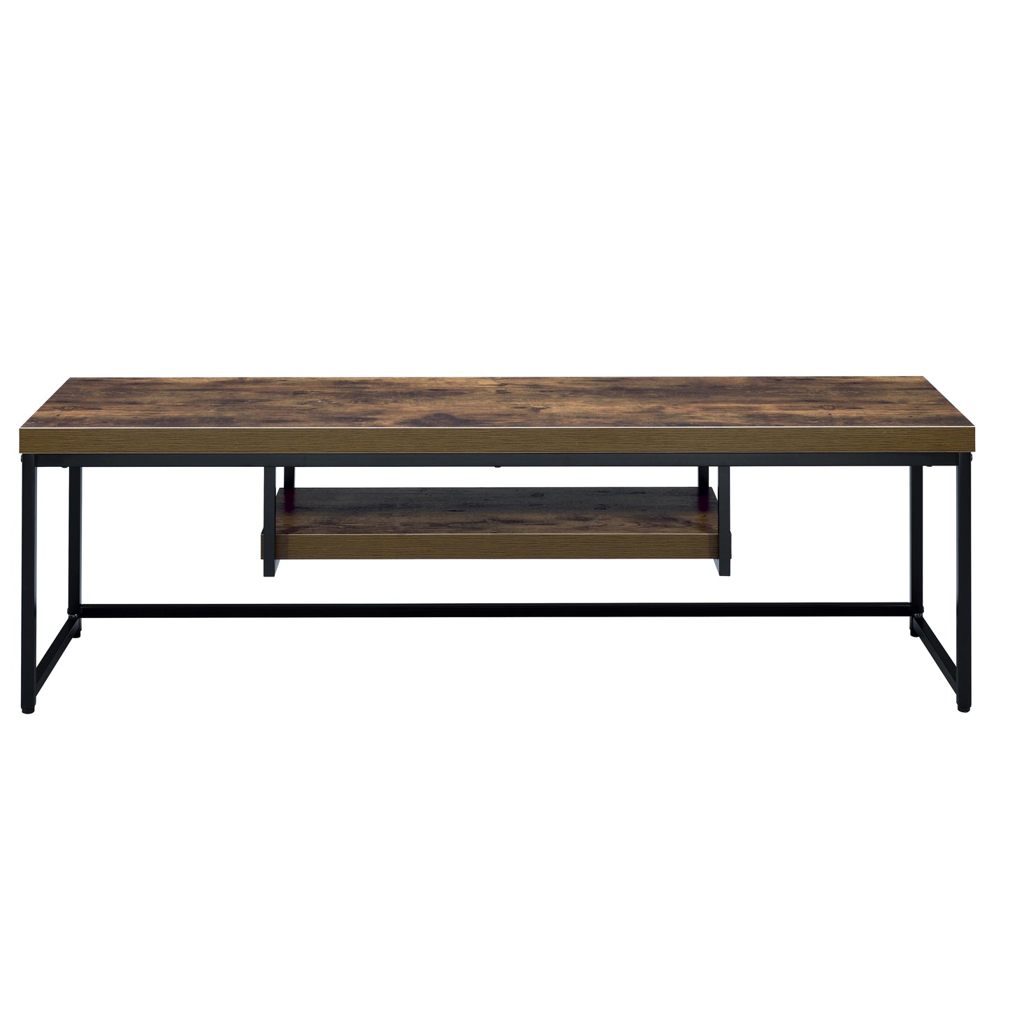 Rustic brown wood grain coffee table with black metal frame and lower shelf