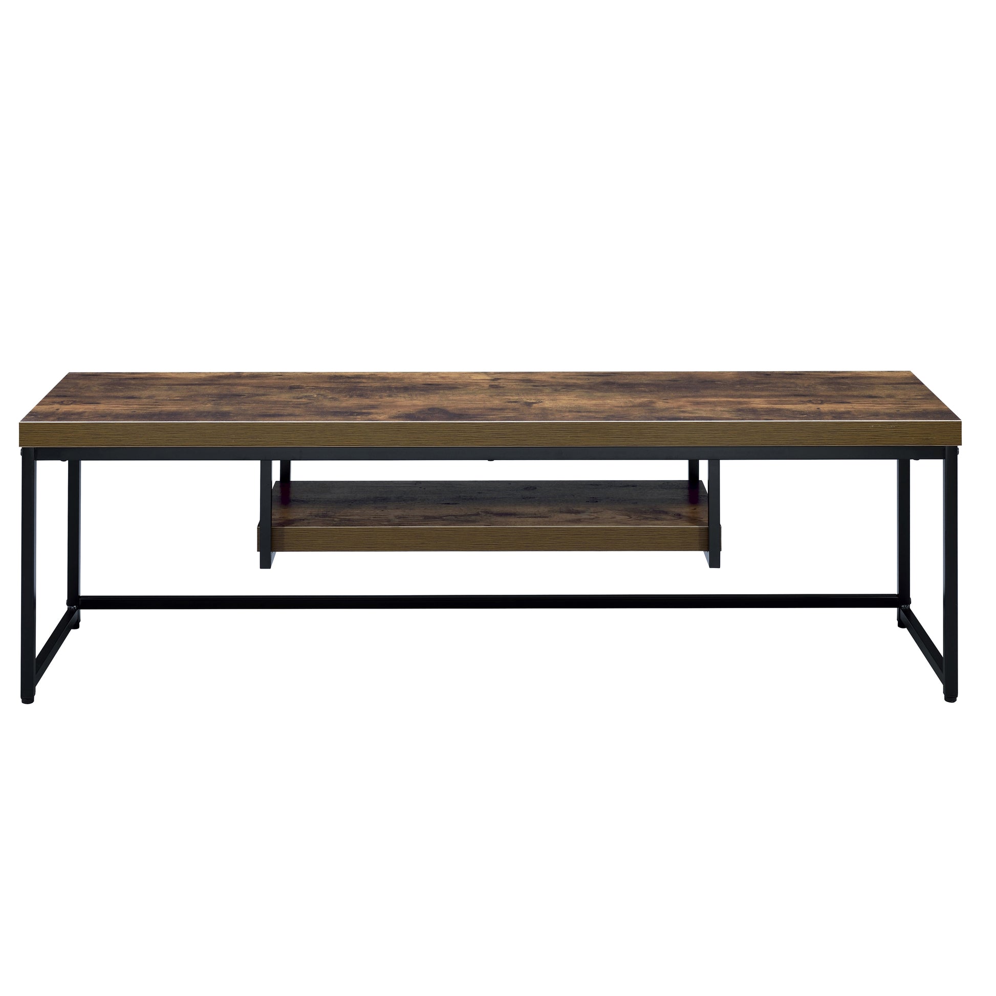 Rustic brown wood grain coffee table with black metal frame and lower shelf