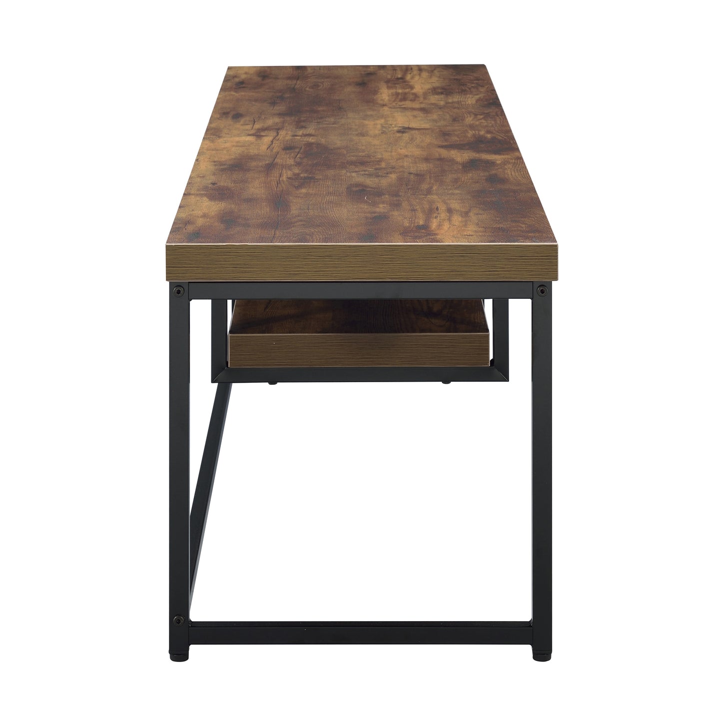 Rustic brown wood grain coffee table with black metal frame and lower shelf