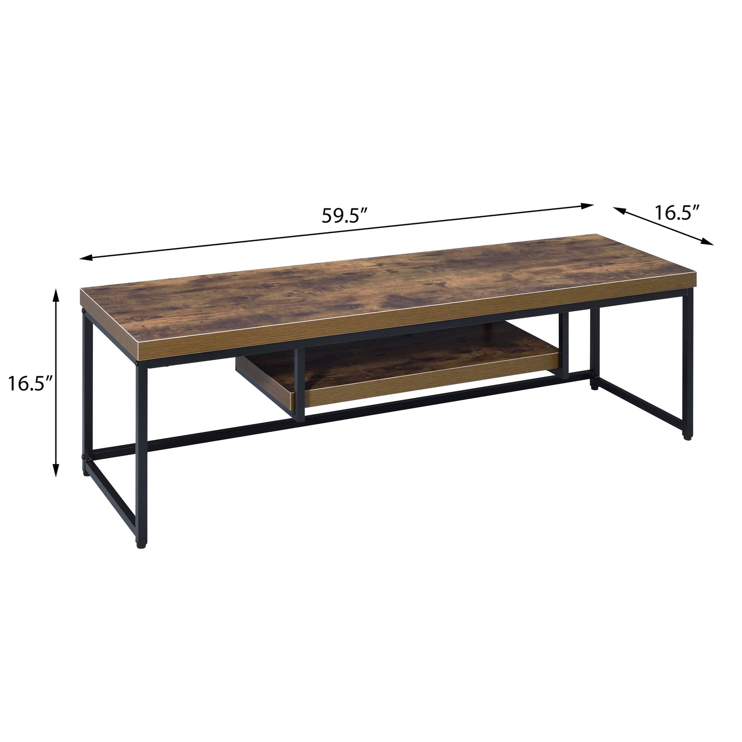 Rustic wood TV stand with black metal frame and open lower shelf for media storage