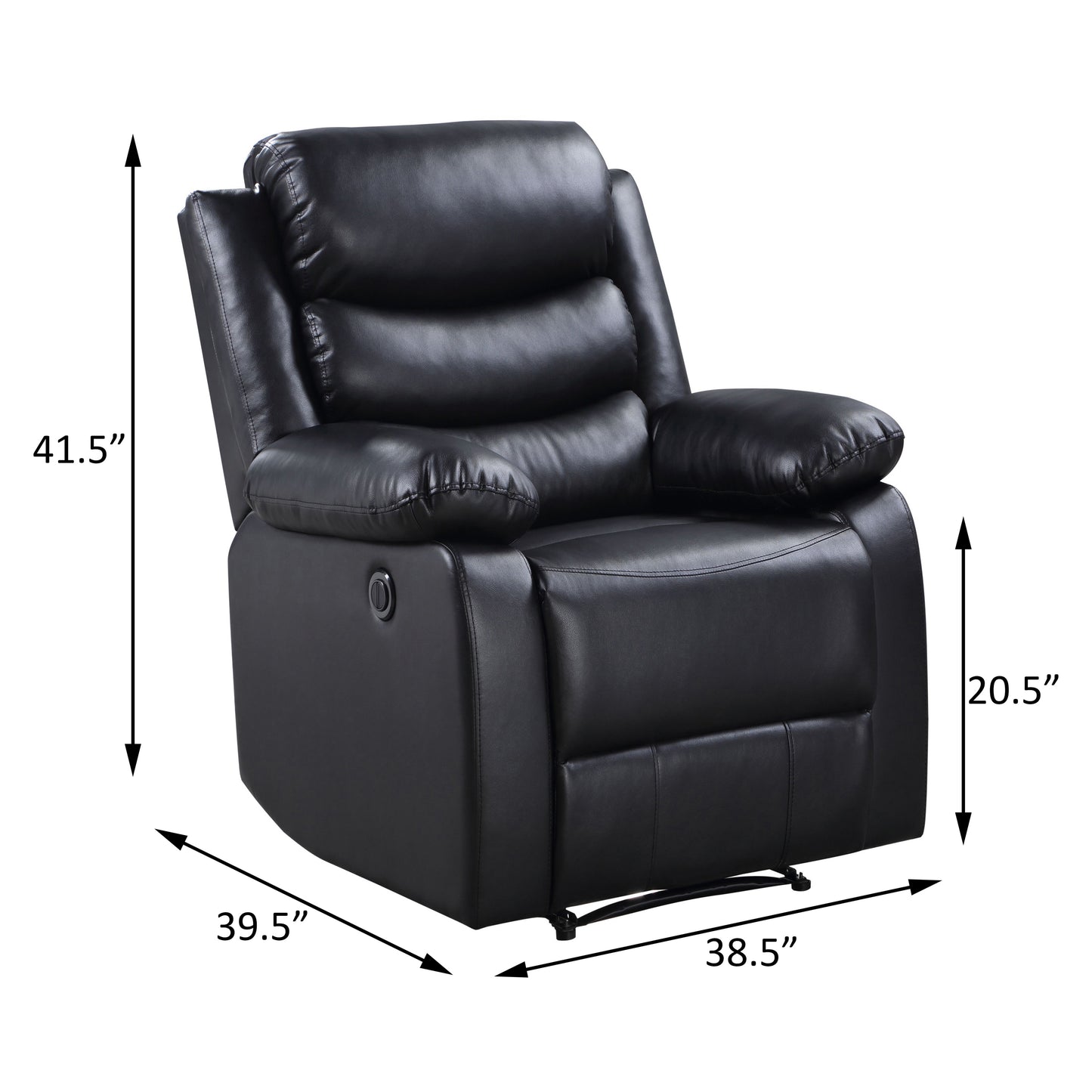 Black bonded leather recliner with padded armrests and headrest dimensions  H x  W