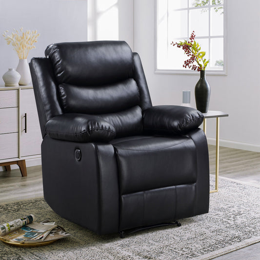 Plush black faux leather recliner chair with padded armrests and adjustable headrest