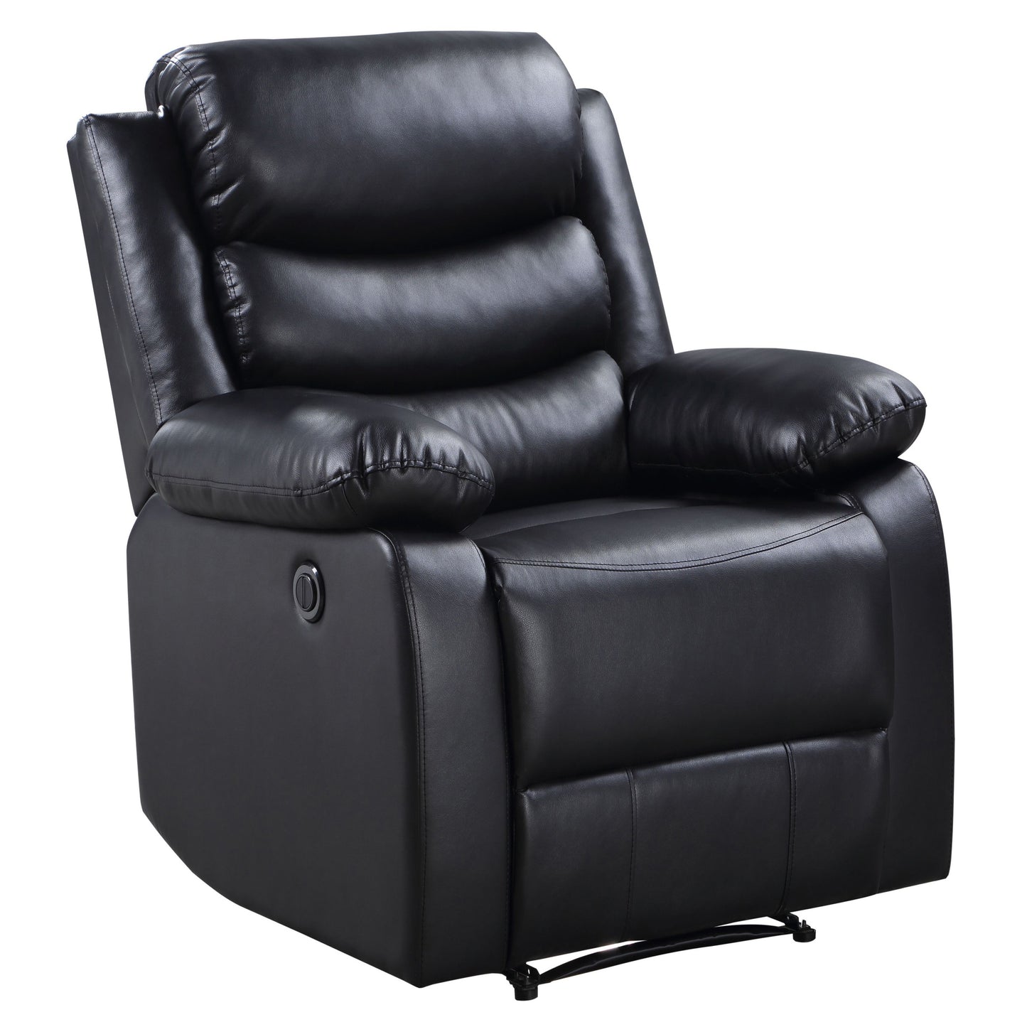 Plush black leather recliner chair with adjustable footrest and padded armrests for ultimate comfort