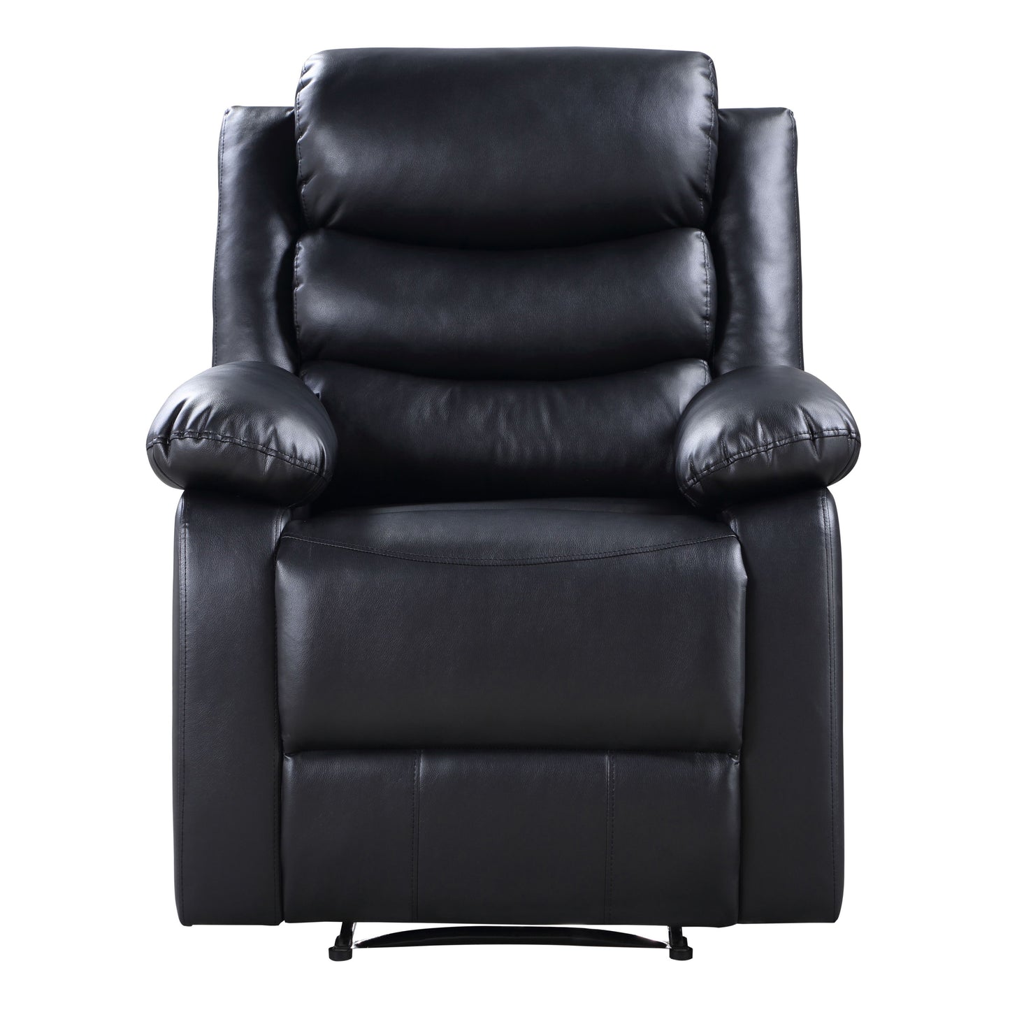 Plush black leather recliner chair with padded armrests and headrest perfect for living room comfort