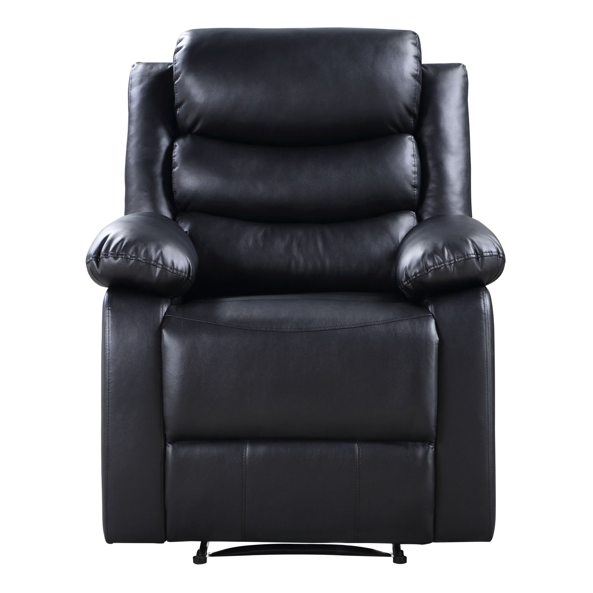 Plush black leather recliner chair with padded armrests and headrest perfect for living room comfort