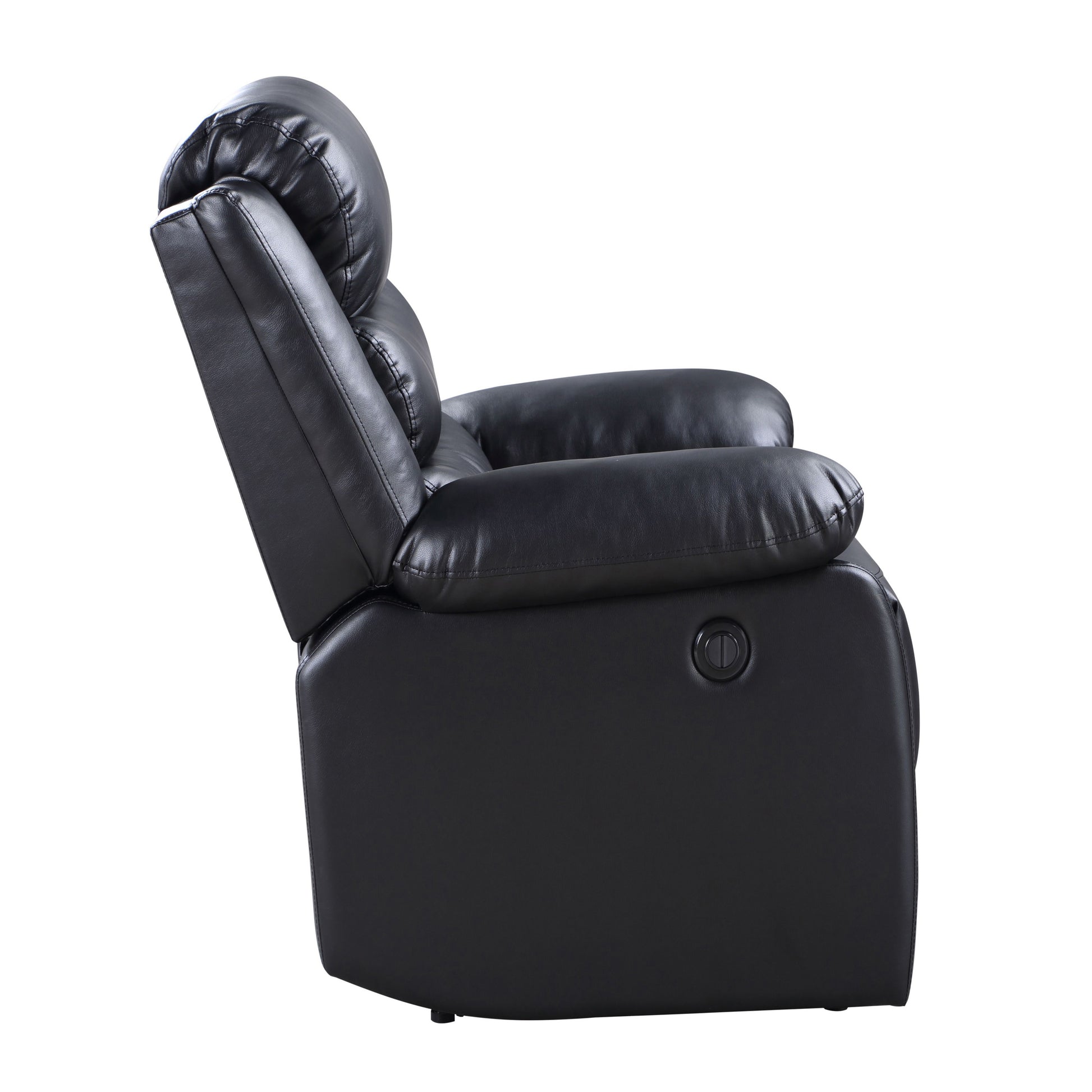 Black leather recliner with plush cushioning and side control knob