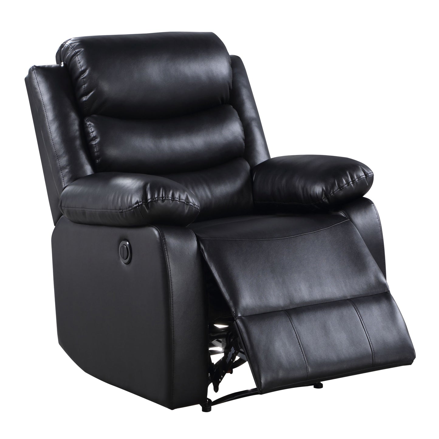 Black leather recliner chair with plush cushioning and silver recliner lever