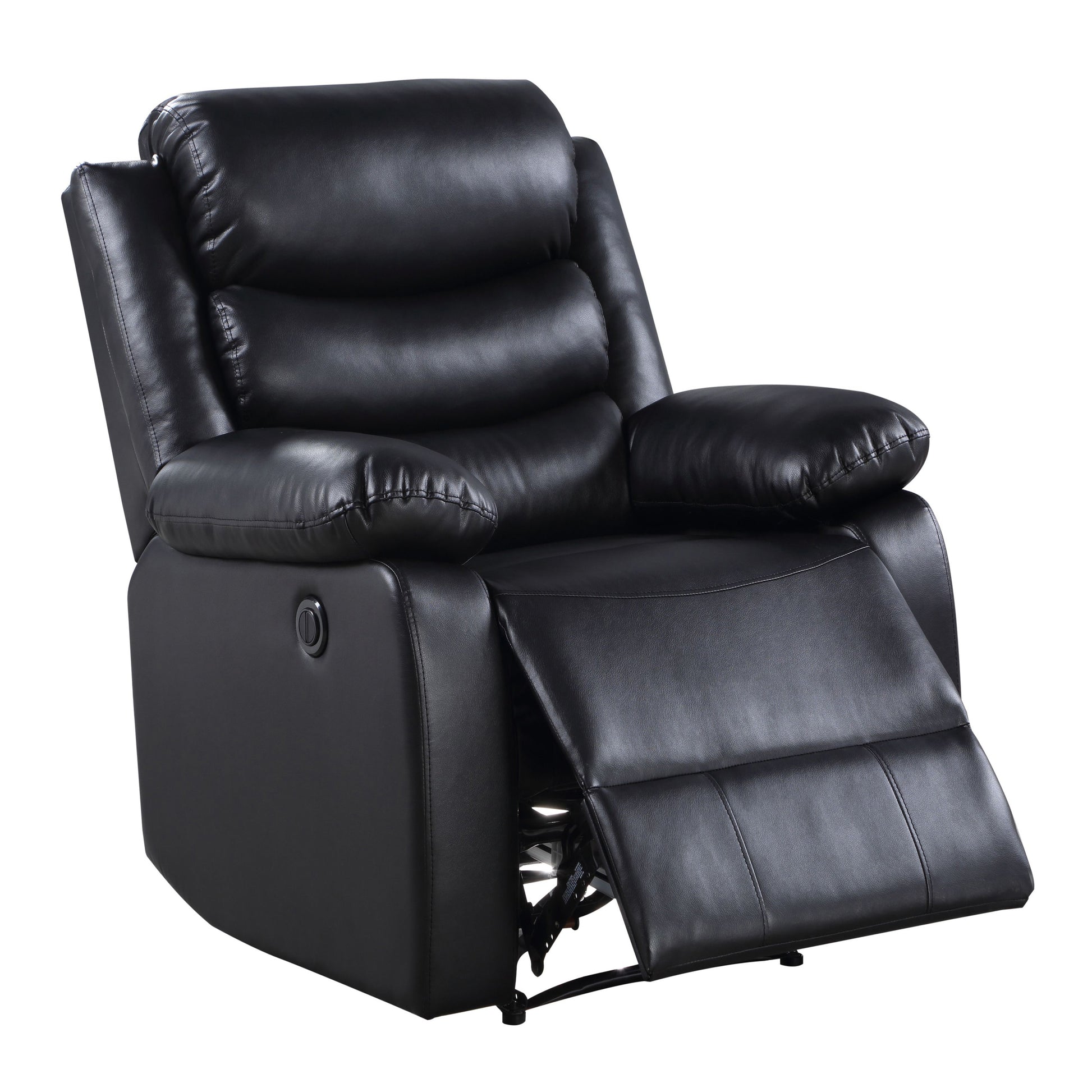 Black leather recliner chair with plush cushioning and silver recliner lever