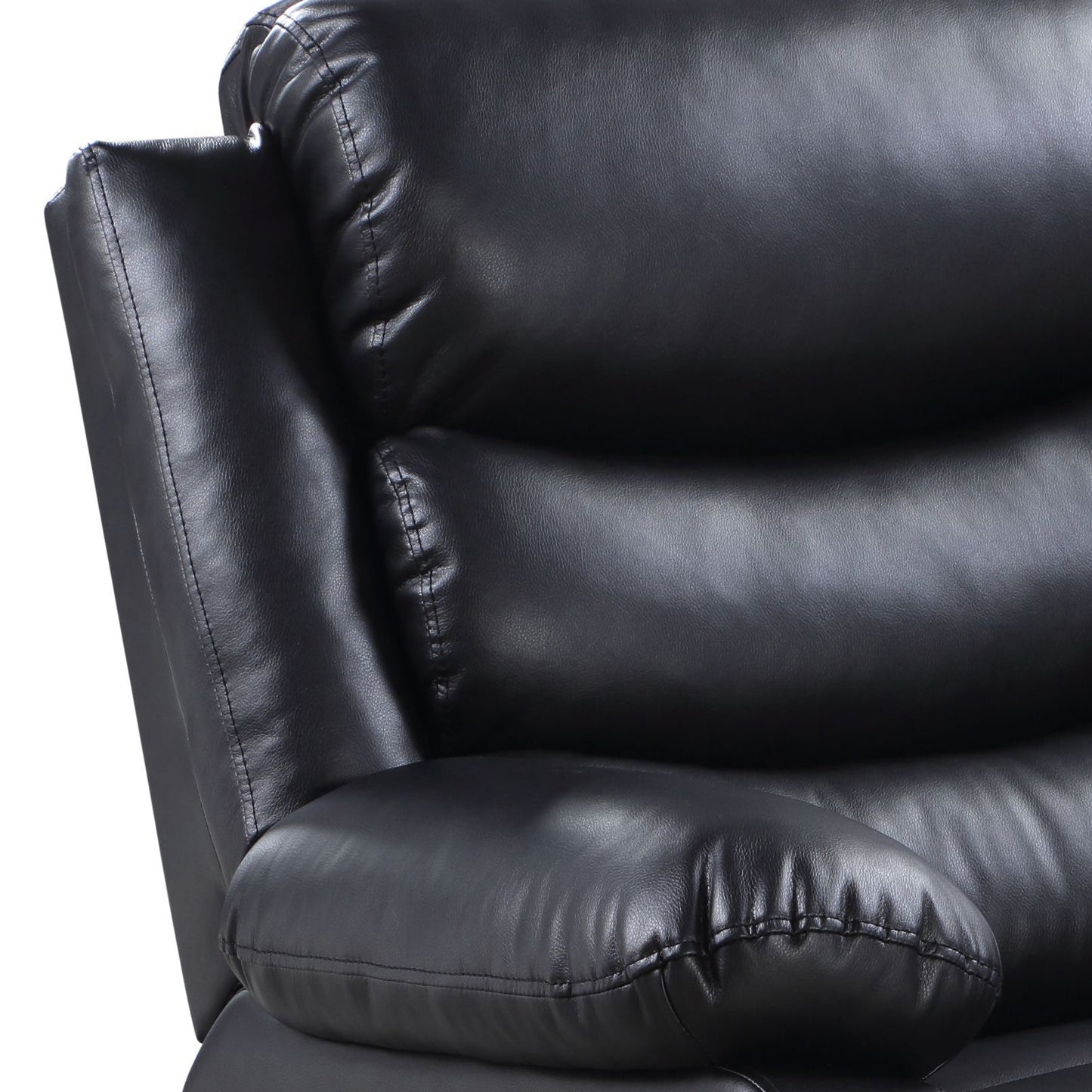 Closeup of plush black faux leather recliner armrest with detailed stitching