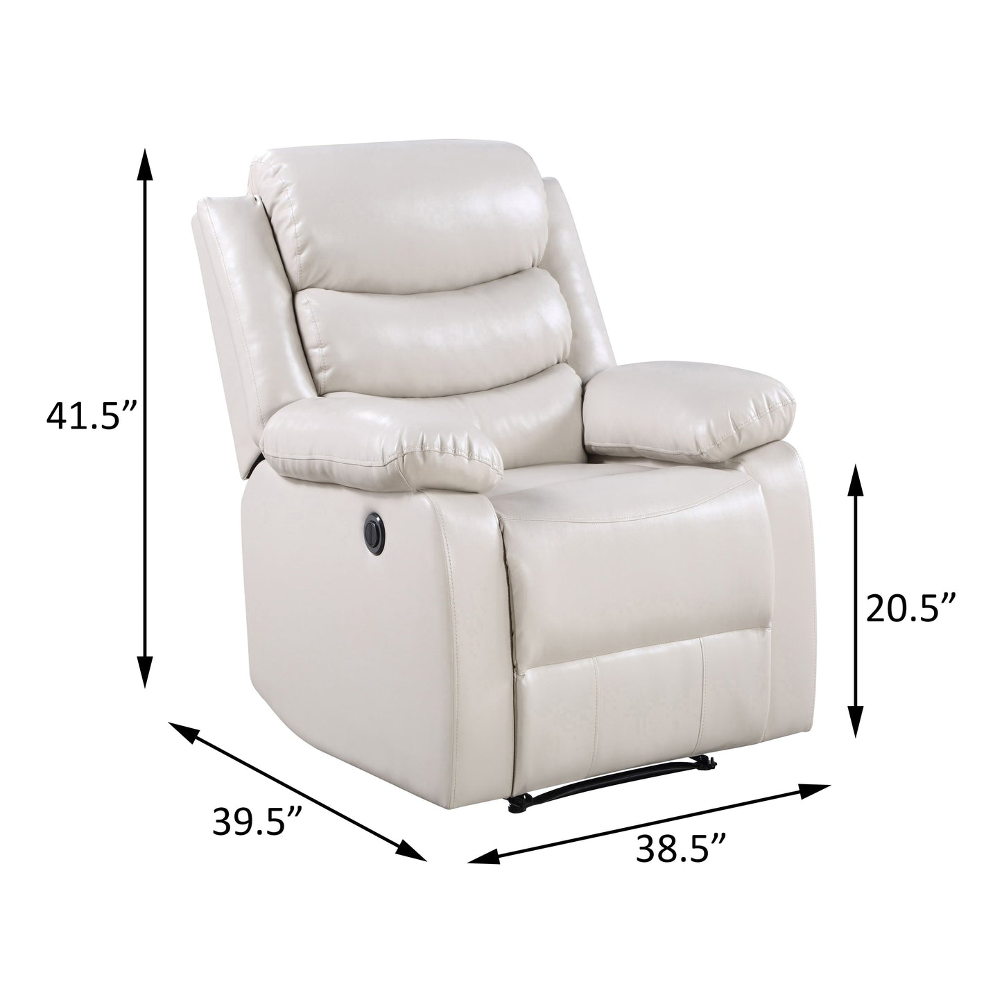 Offwhite leather recliner chair with padded arms and headrest dimensions shown