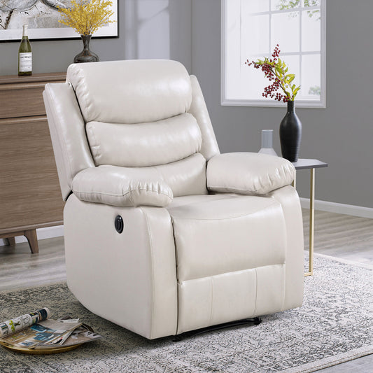 Comfortable cream leather recliner chair with padded armrests and headrest