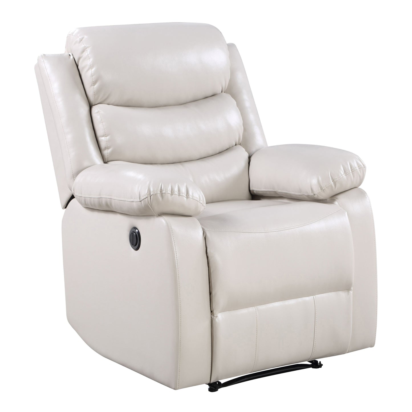 Comfortable cream leather recliner chair with plush cushioning and recliner lever